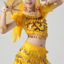 Belly Dance Kids' Dancewear Top Pure Color Splicing Paillette Girls' Performance Training Short Sleeve High Polyester
