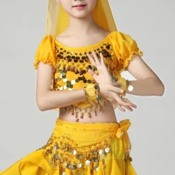 Belly Dance Kids' Dancewear Top Pure Color Splicing Paillette Girls' Performance Training Short Sleeve High Polyester