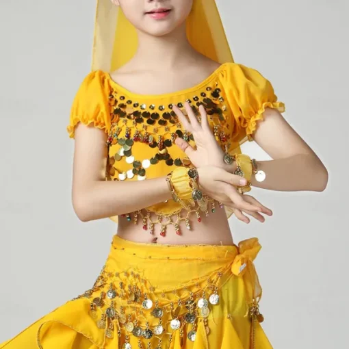 Belly Dance Kids' Dancewear Top Pure Color Splicing Paillette Girls' Performance Training Short Sleeve High Polyester
