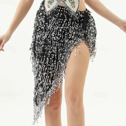 Belly Dance Skirts Pure Color Splicing Sequins Women's Performance Training High Polyester