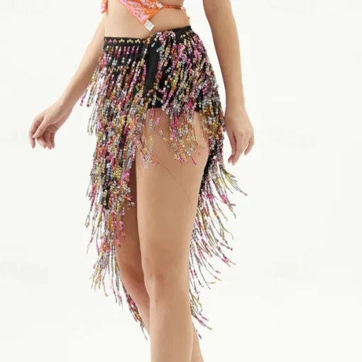Belly Dance Skirts Pure Color Splicing Sequins Women's Performance Training High Polyester