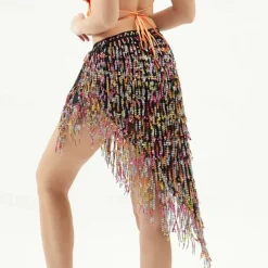 Belly Dance Skirts Pure Color Splicing Sequins Women's Performance Training High Polyester