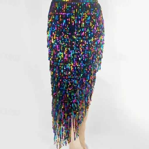 Belly Dance Skirts Pure Color Splicing Sequins Women's Performance Training High Polyester
