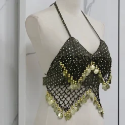 Belly Dance Vest Copper Coin Pure Color Splicing Women's Performance Training Sleeveless High Polyester