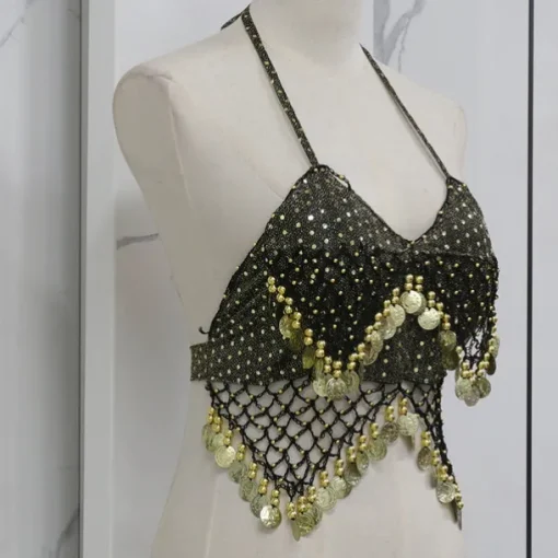 Belly Dance Vest Copper Coin Pure Color Splicing Women's Performance Training Sleeveless High Polyester