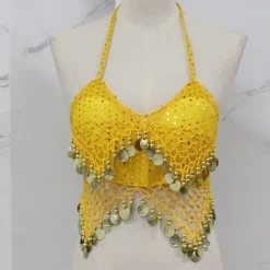 Belly Dance Vest Copper Coin Pure Color Splicing Women's Performance Training Sleeveless High Polyester