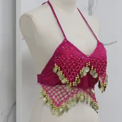 Belly Dance Vest Copper Coin Pure Color Splicing Women's Performance Training Sleeveless High Polyester