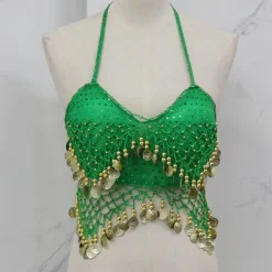 Belly Dance Vest Copper Coin Pure Color Splicing Women's Performance Training Sleeveless High Polyester