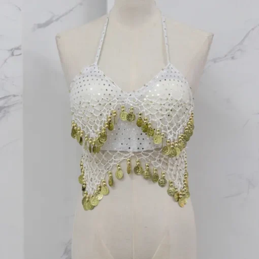 Belly Dance Vest Copper Coin Pure Color Splicing Women's Performance Training Sleeveless High Polyester