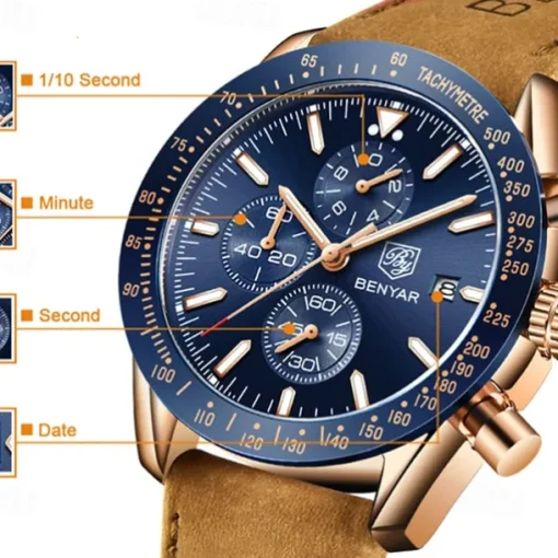 BENYAR Mens Quartz Watches Chronograph Analog Quartz Movement Stylish Sports Designer Wrist Watch 30M Waterproof Elegant Gift Watch for Men