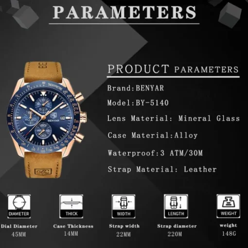 BENYAR Mens Quartz Watches Chronograph Analog Quartz Movement Stylish Sports Designer Wrist Watch 30M Waterproof Elegant Gift Watch for Men