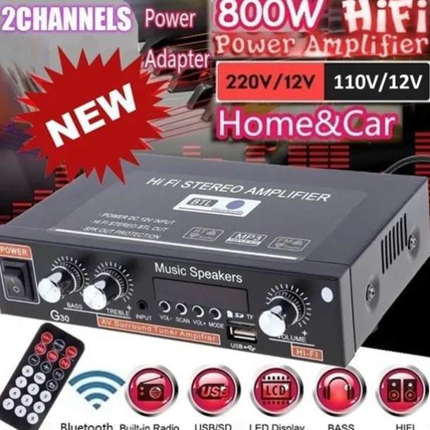 Big promo 800W Car Home 220V/110V 12V Bluetooth 4.0 High Performance 2 Channels TF/U Disk/Remote Control/Power Amplifier FM Radio Auto Power Amplifier