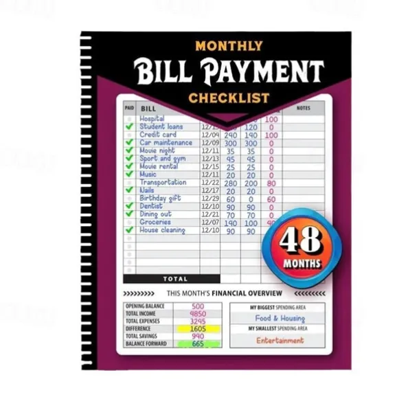 Bill Payment Management Book Monthly Bill Payment Checklist Bill Tracker Notebook, The 48 Month Guide for Families & Money Managers