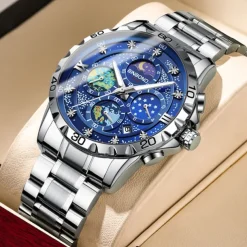 BINBOND Men Quartz Watch Fashion Business Wristwatch Moon phase Luminous Calendar Waterproof Steel Watch