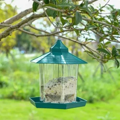 Bird Feeder, Plastic Hanging Wild Bird Feeder for Outdoor Garden Yard Patio Backyard Decoration, Hexagon Shaped with Roof