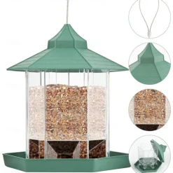 Bird Feeder, Plastic Hanging Wild Bird Feeder for Outdoor Garden Yard Patio Backyard Decoration, Hexagon Shaped with Roof