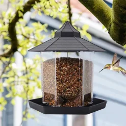 Bird Feeders Hanging Squirrel Proof Bird Feeder Plastic Bird Seed Feeder With Hexagonal Roof See Through Bird Feeder On Window Bird Feeders For Small Birds Goldfinch Feeder