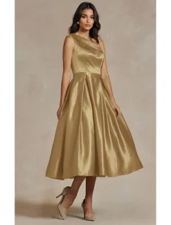 Black A-Line Cocktail Dresses Elegant Dress Formal Wedding Tea Length Midi Length Sleeveless One Shoulder Stretch Satin with Pleats