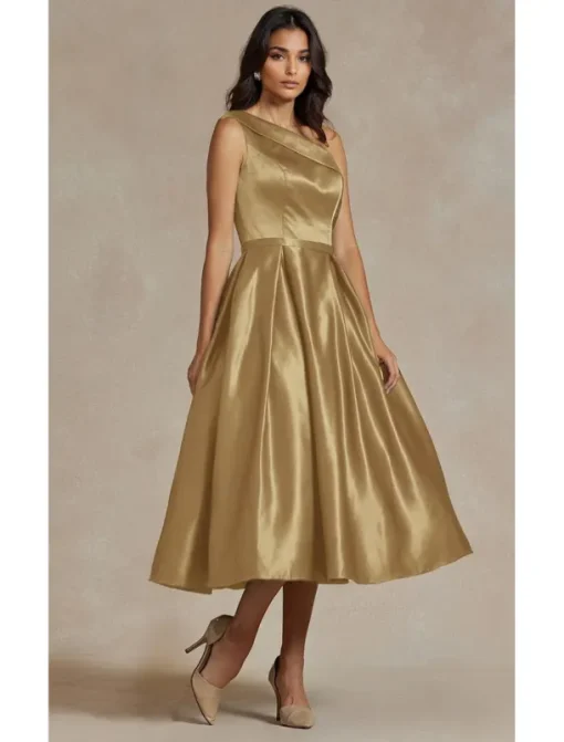 Black A-Line Cocktail Dresses Elegant Dress Formal Wedding Tea Length Midi Length Sleeveless One Shoulder Stretch Satin with Pleats