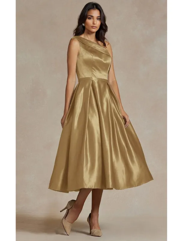 Black A-Line Cocktail Dresses Elegant Dress Formal Wedding Tea Length Midi Length Sleeveless One Shoulder Stretch Satin with Pleats