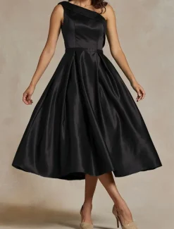 Black A-Line Cocktail Dresses Elegant Dress Formal Wedding Tea Length Midi Length Sleeveless One Shoulder Stretch Satin with Pleats