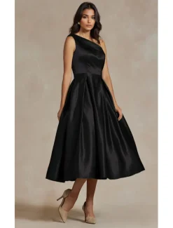 Black A-Line Cocktail Dresses Elegant Dress Formal Wedding Tea Length Midi Length Sleeveless One Shoulder Stretch Satin with Pleats