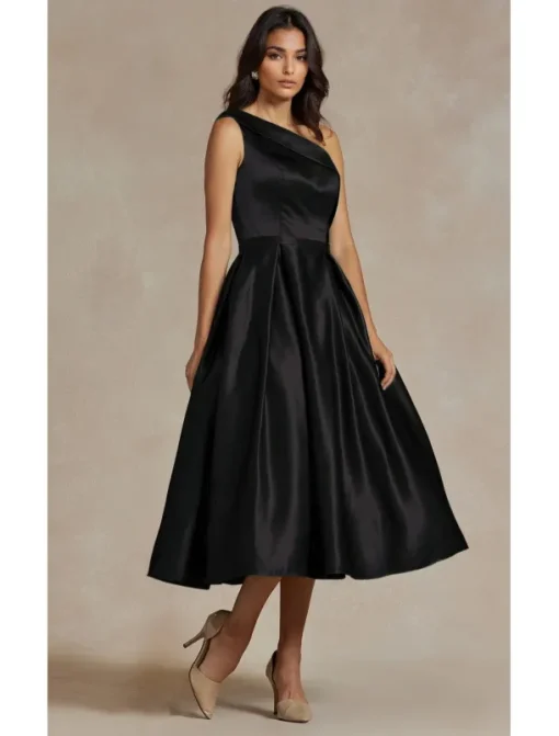 Black A-Line Cocktail Dresses Elegant Dress Formal Wedding Tea Length Midi Length Sleeveless One Shoulder Stretch Satin with Pleats