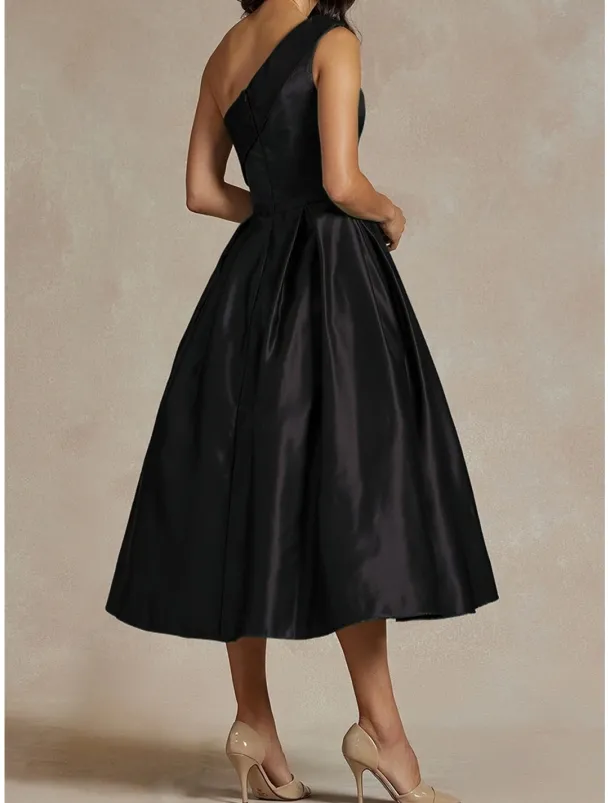 Black A-Line Cocktail Dresses Elegant Dress Formal Wedding Tea Length Midi Length Sleeveless One Shoulder Stretch Satin with Pleats