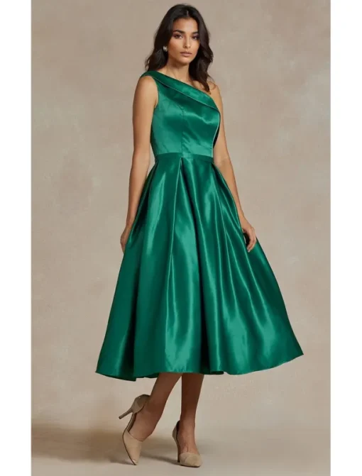 Black A-Line Cocktail Dresses Elegant Dress Formal Wedding Tea Length Midi Length Sleeveless One Shoulder Stretch Satin with Pleats