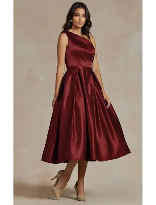 Black A-Line Cocktail Dresses Elegant Dress Formal Wedding Tea Length Midi Length Sleeveless One Shoulder Stretch Satin with Pleats