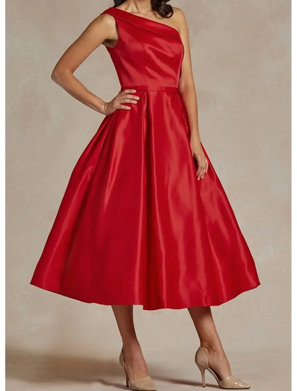 Black A-Line Cocktail Dresses Elegant Dress Formal Wedding Tea Length Midi Length Sleeveless One Shoulder Stretch Satin with Pleats