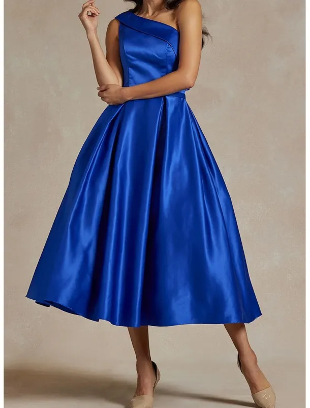 Black A-Line Cocktail Dresses Elegant Dress Formal Wedding Tea Length Midi Length Sleeveless One Shoulder Stretch Satin with Pleats