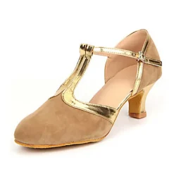 Black and Gold Women's T-Strap Dance Shoes with Mid Heels - Elegant Footwear for Salsa, Ballroom, and Party Events