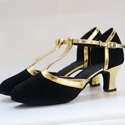 Black and Gold Women's T-Strap Dance Shoes with Mid Heels - Elegant Footwear for Salsa, Ballroom, and Party Events