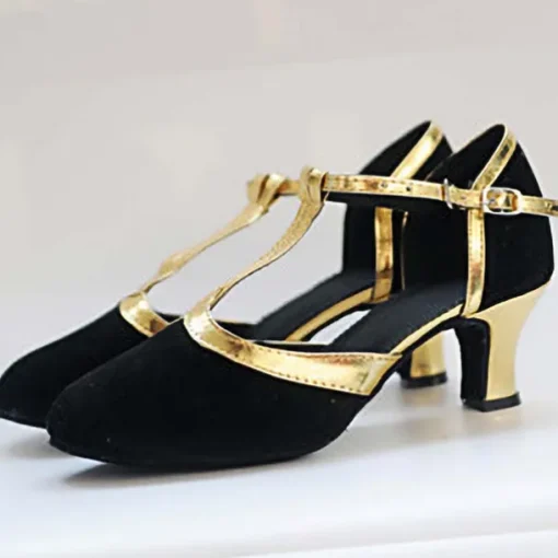 Black and Gold Women's T-Strap Dance Shoes with Mid Heels - Elegant Footwear for Salsa, Ballroom, and Party Events