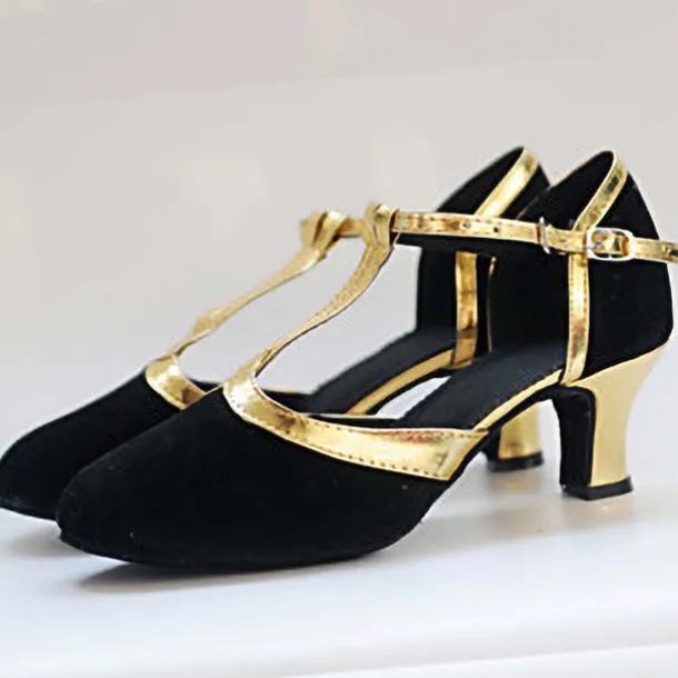 Black and Gold Women's T-Strap Dance Shoes with Mid Heels - Elegant Footwear for Salsa, Ballroom, and Party Events