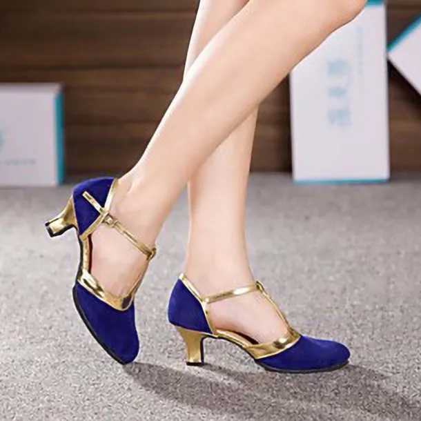 Black and Gold Women's T-Strap Dance Shoes with Mid Heels - Elegant Footwear for Salsa, Ballroom, and Party Events