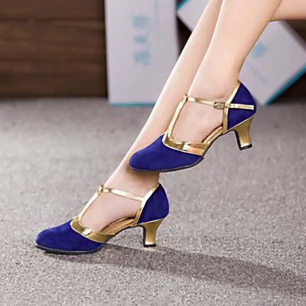 Black and Gold Women's T-Strap Dance Shoes with Mid Heels - Elegant Footwear for Salsa, Ballroom, and Party Events