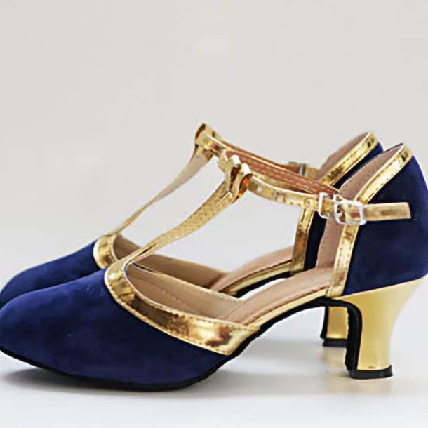 Black and Gold Women's T-Strap Dance Shoes with Mid Heels - Elegant Footwear for Salsa, Ballroom, and Party Events
