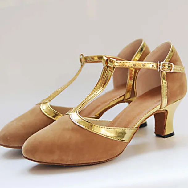 Black and Gold Women's T-Strap Dance Shoes with Mid Heels - Elegant Footwear for Salsa, Ballroom, and Party Events