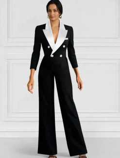 Black and White Blazer Jumpsuit Mother of the Bride Wedding Elegant Minimalist Casual Lapel Floor Length Stretch Fabric Long Sleeve with Color Block