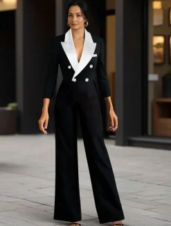 Black and White Blazer Jumpsuit Mother of the Bride Wedding Elegant Minimalist Casual Lapel Floor Length Stretch Fabric Long Sleeve with Color Block