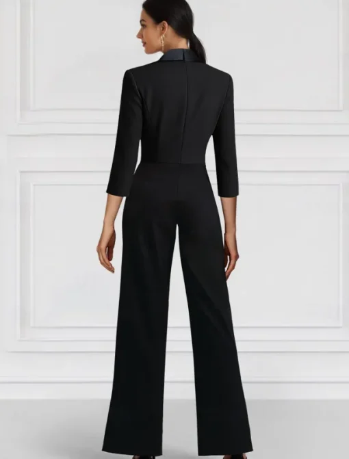 Black and White Blazer Jumpsuit Mother of the Bride Wedding Elegant Minimalist Casual Lapel Floor Length Stretch Fabric Long Sleeve with Color Block