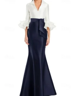 Black and White Formal Dress Mermaid / Trumpet Evening Gown Elegant Dress Formal Wedding Floor Length Half Sleeve Shirt Collar Stretch Satin with Ruffles