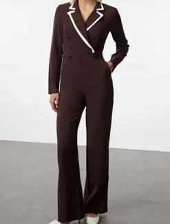 Black and White Jumpsuit / Pantsuit Mother of the Bride Jumpsuit Elegant Simple Minimalist V Neck Lapel Binding Floor Length Crepe Stretch Fabric Covered Buttons Long Sleeve with Color Block