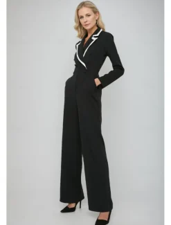 Black and White Jumpsuit / Pantsuit Mother of the Bride Jumpsuit Elegant Simple Minimalist V Neck Lapel Binding Floor Length Crepe Stretch Fabric Covered Buttons Long Sleeve with Color Block
