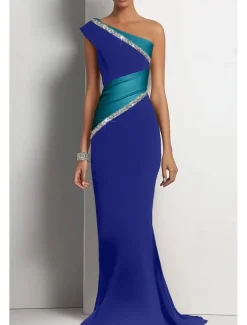 Black and White Mermaid Evening Gown Elegant Dress Wedding Formal Floor Length Sleeveless One Shoulder Stretch Crepe with Glitter Ruched