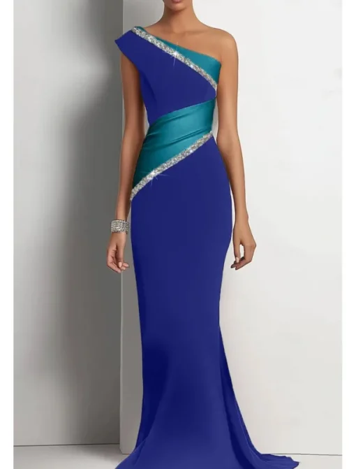 Black and White Mermaid Evening Gown Elegant Dress Wedding Formal Floor Length Sleeveless One Shoulder Stretch Crepe with Glitter Ruched