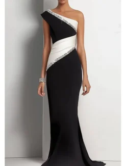 Black and White Mermaid Evening Gown Elegant Dress Wedding Formal Floor Length Sleeveless One Shoulder Stretch Crepe with Glitter Ruched