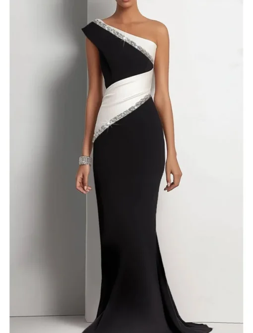Black and White Mermaid Evening Gown Elegant Dress Wedding Formal Floor Length Sleeveless One Shoulder Stretch Crepe with Glitter Ruched